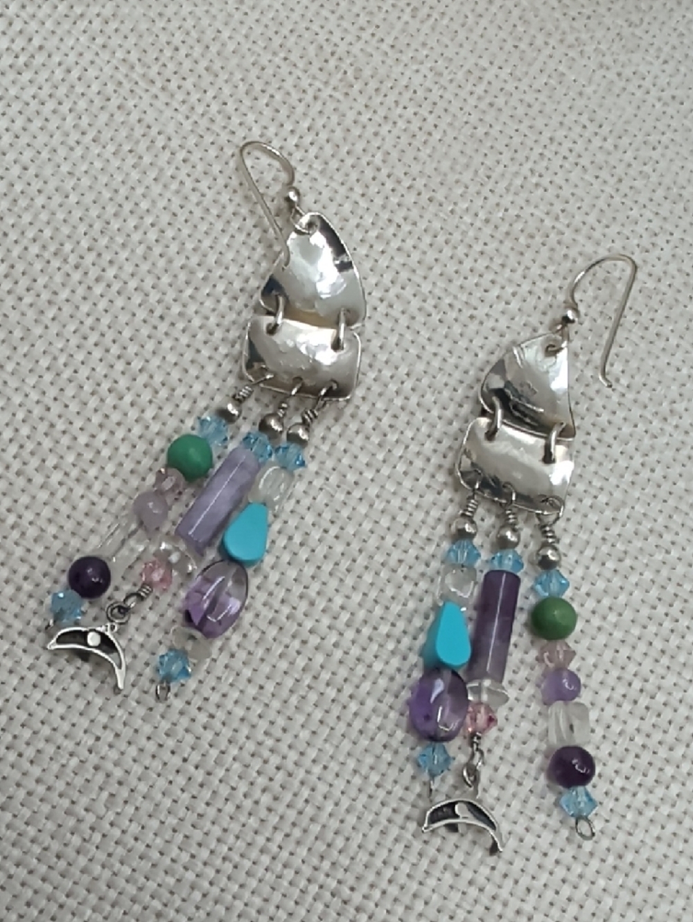 Signed Sterling Silver Dolphin Artisan Chandelier Earrings FL Keys 1990s - Picture 7 of 17